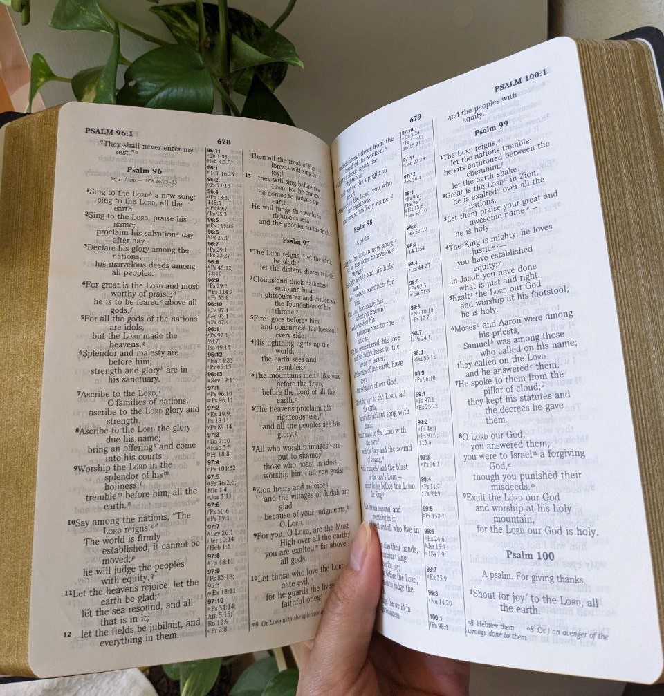 An open bible in someone's hand
