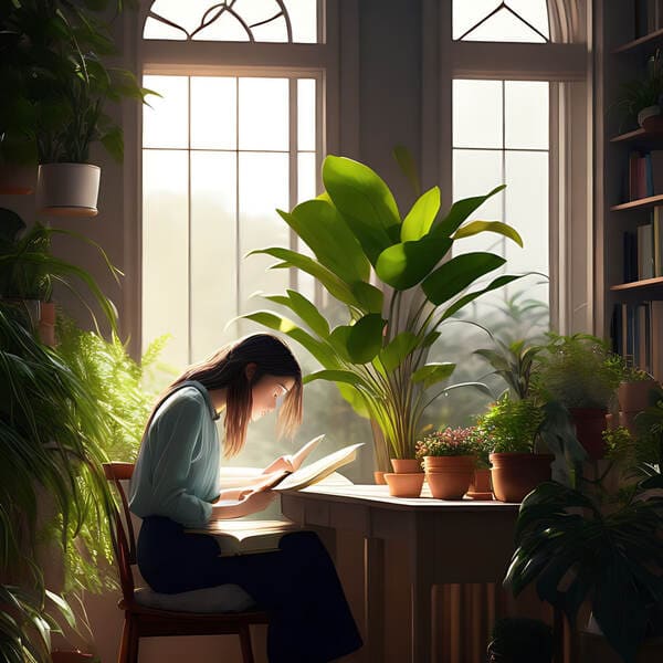 Girl at her desk next to her plant studying the bible